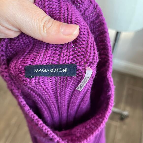 Magaschoni 100% Merino Wool Sweater Cable Knit Fisherman Purple Mock Neck Sz S - Picture 7 of 8